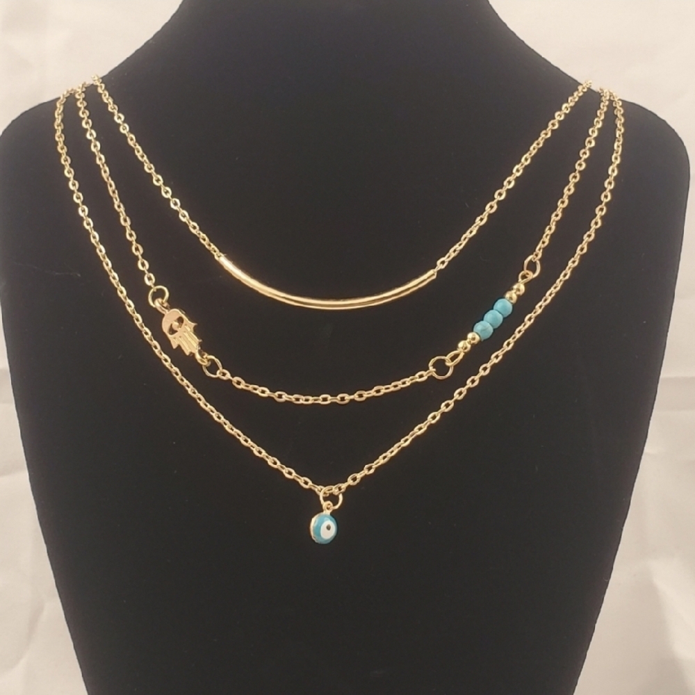 ♧♧ Goldtone and Turquoise Blue Triple Layered Necklace Evil Eye Hand of Hamsa